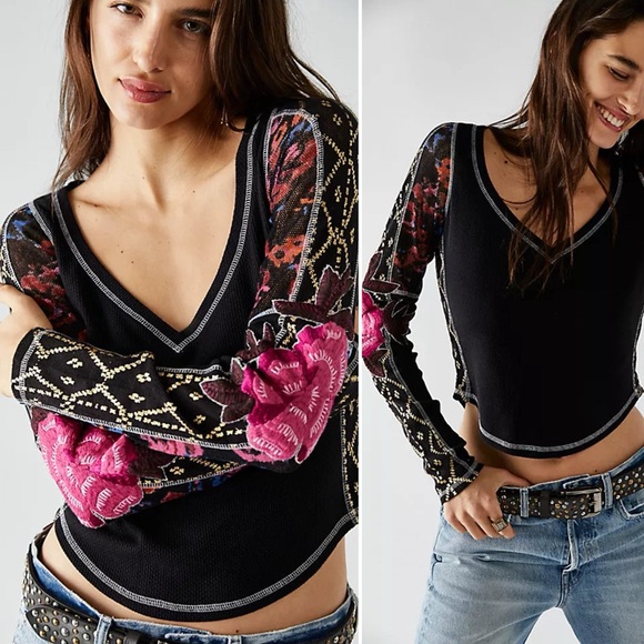 Free People Amara Embroidered Sleeve Thermal V Neck Top Black Pink Floral XS - Picture 12 of 12